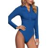imageLYANER Womens Rib Knit Collar Deep V Neck Ruched Buttons Long Sleeve Bodysuit Leotard TopRoyal Blue