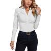 imageLYANER Womens Rib Knit Collar Deep V Neck Ruched Buttons Long Sleeve Bodysuit Leotard TopWhite