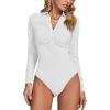 imageLYANER Womens Rib Knit Collar Deep V Neck Ruched Buttons Long Sleeve Bodysuit Leotard TopWhite