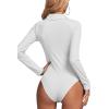 imageLYANER Womens Rib Knit Collar Deep V Neck Ruched Buttons Long Sleeve Bodysuit Leotard TopWhite