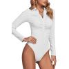 imageLYANER Womens Rib Knit Collar Deep V Neck Ruched Buttons Long Sleeve Bodysuit Leotard TopWhite