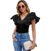 imageLYANER Womens Satin V Neck Layer Ruffle Butterfly Sleeve Stretchy Skinny Bodysuit Leotard TopBlack