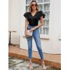 imageLYANER Womens Satin V Neck Layer Ruffle Butterfly Sleeve Stretchy Skinny Bodysuit Leotard TopBlack