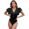 imageLYANER Womens Satin V Neck Layer Ruffle Butterfly Sleeve Stretchy Skinny Bodysuit Leotard TopBlack