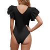 imageLYANER Womens Satin V Neck Layer Ruffle Butterfly Sleeve Stretchy Skinny Bodysuit Leotard TopBlack