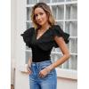 imageLYANER Womens Satin V Neck Layer Ruffle Butterfly Sleeve Stretchy Skinny Bodysuit Leotard TopBlack