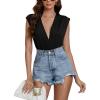 imageLYANER Womens Sexy Deep V Neck Ruched Sleeveless Slim Fitted Leotard Bodysuit Tank Top Black XLarge