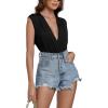 imageLYANER Womens Sexy Deep V Neck Ruched Sleeveless Slim Fitted Leotard Bodysuit Tank Top Black XLarge