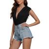imageLYANER Womens Sexy Deep V Neck Ruched Sleeveless Slim Fitted Leotard Bodysuit Tank Top Black XLarge