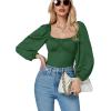 imageLYANER Womens Square Neck Lantern Long Sleeve Ribbed Bodycon Tops Bodysuit JumpsuitGreen