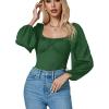 imageLYANER Womens Square Neck Lantern Long Sleeve Ribbed Bodycon Tops Bodysuit JumpsuitGreen
