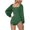 imageLYANER Womens Square Neck Lantern Long Sleeve Ribbed Bodycon Tops Bodysuit JumpsuitGreen