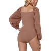imageLYANER Womens Square Neck Lantern Long Sleeve Ribbed Bodycon Tops Bodysuit JumpsuitLight Brown