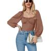 imageLYANER Womens Square Neck Lantern Long Sleeve Ribbed Bodycon Tops Bodysuit JumpsuitLight Brown