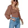 imageLYANER Womens Square Neck Lantern Long Sleeve Ribbed Bodycon Tops Bodysuit JumpsuitLight Brown