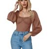 imageLYANER Womens Square Neck Lantern Long Sleeve Ribbed Bodycon Tops Bodysuit JumpsuitLight Brown
