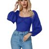 imageLYANER Womens Square Neck Lantern Long Sleeve Ribbed Bodycon Tops Bodysuit JumpsuitRoyal Blue