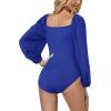 imageLYANER Womens Square Neck Lantern Long Sleeve Ribbed Bodycon Tops Bodysuit JumpsuitRoyal Blue