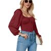 imageLYANER Womens Square Neck Lantern Long Sleeve Ribbed Bodycon Tops Bodysuit JumpsuitWine Red