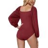 imageLYANER Womens Square Neck Lantern Long Sleeve Ribbed Bodycon Tops Bodysuit JumpsuitWine Red