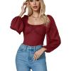 imageLYANER Womens Square Neck Lantern Long Sleeve Ribbed Bodycon Tops Bodysuit JumpsuitWine Red