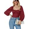 imageLYANER Womens Square Neck Lantern Long Sleeve Ribbed Bodycon Tops Bodysuit JumpsuitWine Red