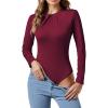 imageLYANER Womens Basic Smock Neck Pleated Long Sleeve Leotard Bodysuit TopBurgundy