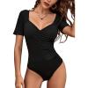 imageLYANER Womens Basic Sweetheart V Neck Ruched Fitted Short Sleeve Leotard Bodysuit TopBlack
