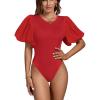 imageLYANER Womens Casual Round Neck Puff Short Sleeve Leotard Bodysuits TopsRed