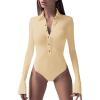 imageLYANER Womens Collar Neck Button Down Long Sleeve Slim Bodysuit Leotard TopsApricot