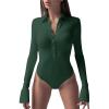 imageLYANER Womens Collar Neck Button Down Long Sleeve Slim Bodysuit Leotard TopsDark Green