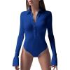 imageLYANER Womens Collar Neck Button Down Long Sleeve Slim Bodysuit Leotard TopsRoyal Blue
