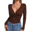 imageLYANER Womens Deep V Neck Twist Front Long Sleeve Tiny Leotard Bodysuit Tops Dark Brown Small