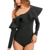 imageLYANER Womens Elegant Ruffled One Shoulder Long Sleeve Bodysuit Leotard TopBlack