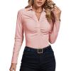 imageLYANER Womens Rib Knit Collar Deep V Neck Ruched Buttons Long Sleeve Bodysuit Leotard TopPink