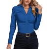 imageLYANER Womens Rib Knit Collar Deep V Neck Ruched Buttons Long Sleeve Bodysuit Leotard TopRoyal Blue