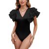 imageLYANER Womens Satin V Neck Layer Ruffle Butterfly Sleeve Stretchy Skinny Bodysuit Leotard TopBlack