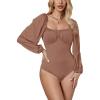 imageLYANER Womens Square Neck Lantern Long Sleeve Ribbed Bodycon Tops Bodysuit JumpsuitLight Brown
