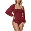 imageLYANER Womens Square Neck Lantern Long Sleeve Ribbed Bodycon Tops Bodysuit JumpsuitWine Red