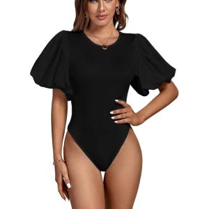 imageLYANER Womens Casual Round Neck Puff Short Sleeve Leotard Bodysuits TopsBlack