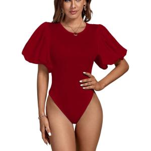 imageLYANER Womens Casual Round Neck Puff Short Sleeve Leotard Bodysuits TopsBurgundy