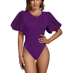 imageLYANER Womens Casual Round Neck Puff Short Sleeve Leotard Bodysuits TopsDark Purple