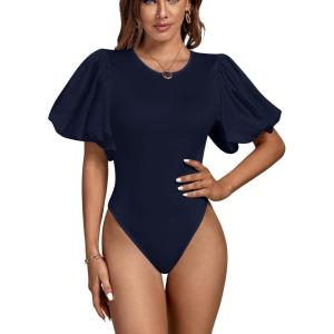 imageLYANER Womens Casual Round Neck Puff Short Sleeve Leotard Bodysuits TopsNavy
