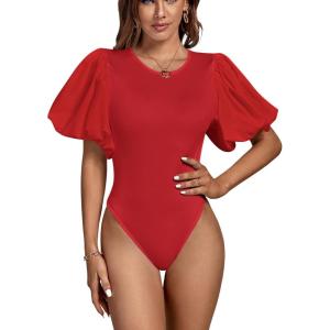 imageLYANER Womens Casual Round Neck Puff Short Sleeve Leotard Bodysuits TopsRed