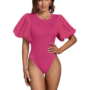 imageLYANER Womens Casual Round Neck Puff Short Sleeve Leotard Bodysuits TopsRose