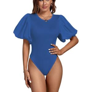 imageLYANER Womens Casual Round Neck Puff Short Sleeve Leotard Bodysuits TopsRoyal Blue