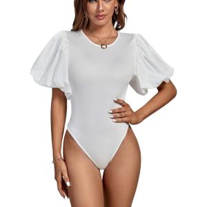 imageLYANER Womens Casual Round Neck Puff Short Sleeve Leotard Bodysuits TopsWhite