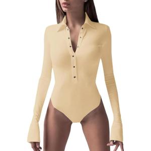 imageLYANER Womens Collar Neck Button Down Long Sleeve Slim Bodysuit Leotard TopsApricot