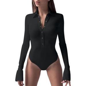 imageLYANER Womens Collar Neck Button Down Long Sleeve Slim Bodysuit Leotard TopsBlack
