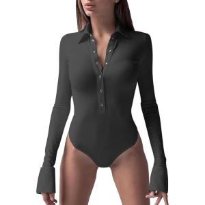 imageLYANER Womens Collar Neck Button Down Long Sleeve Slim Bodysuit Leotard TopsDark Gray